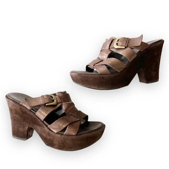 Kork Ease‎ Bronze Velvet Chunky Heel Sandals Women’s Size 6 Boho Sundance 70s - Picture 1 of 10